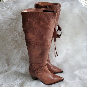 Andre' Cognac Leather Riding Studded Side Zipper Knee High Boot SZ 8